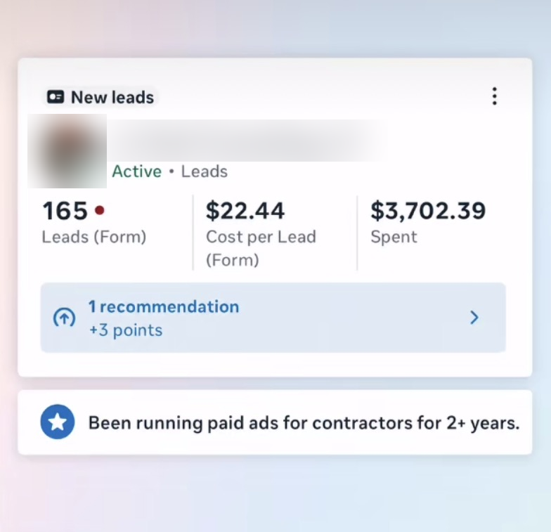 A live Meta ads account: 165 form leads at 22 dollars per lead, client name hidden